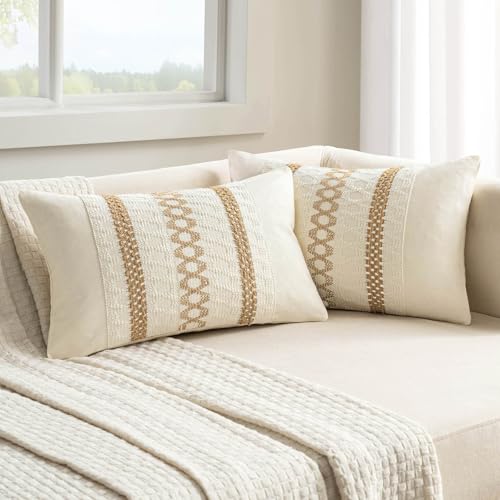Set of 2 Neutral Boho Decorative Lumbar Pillow Covers 12x20 Inch (2 Count)