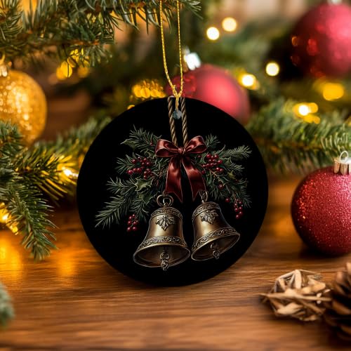 Vintage Holly Berry Gold Bell Christmas Ceramic Ornament Gifts