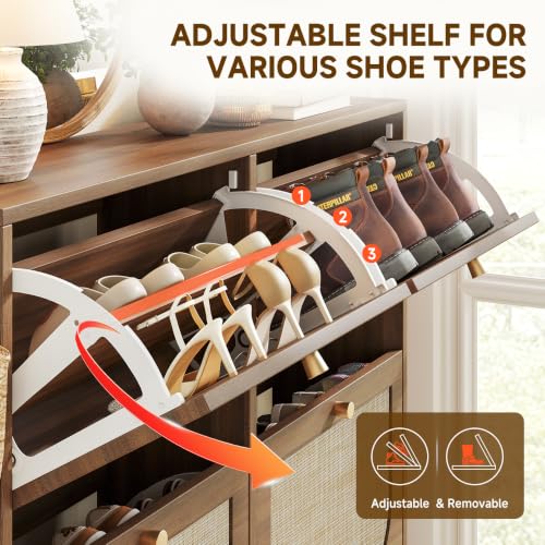Freestanding Ultra Slim Arched Rattan Accent Shoe Storage Cabinet for Entryway