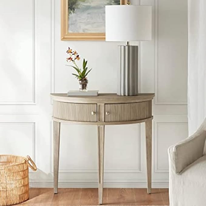 Martha Stewart Crestview Hall Console Table for Entryway with Storage, Solid Rubber Wood Frame, Vintage Demilune Shape, Bronze Knobs, Farmhouse, Accent Living Room Furniture Décor - Reclaimed Greige