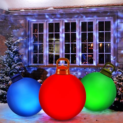 3 Pcs Outdoor Light Up Christmas Ball Decorations Large Christmas Inflatable PVC Decorated Balls with Light 24 Inch (3 Count)