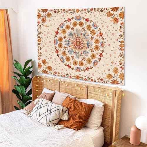 Boho Floral Mandala Tapestry Wall Hanging Watercolor Bohemian Flower Medallion Tapestry Aesthetic Beige Orange Hippie Indian Small Tapestries for Bedroom Living Room Dorm Decor 48 x 36 Inch