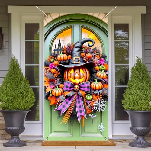 Halloween Door Cover Witch Hat Boo 35x71 Inch Polyester