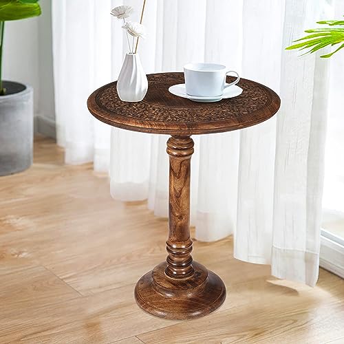 Lightnpro Hand‑Carved Round Pillar Mango Wood Accent Table 18x22 Inch Burnt Finish