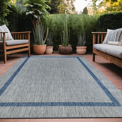 Bordered Outdoor Rug 6x9 Washable Outside Carpet for Indoor Patio Porch Waterproof Easy Cleaning Non Shedding Area Rugs Silver Gray