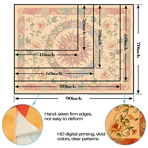 Yellow Sun and Moon Tapestry Hippie Indie Tapestries Boho Orange Flower Floral Tapestry Wall Hanging Cool Vintage Aesthetic Wall Tapestry for Bedroom Living Room Dorm
