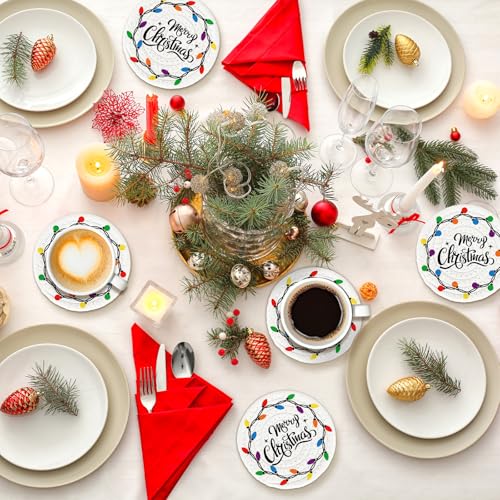Merry Christmas Cotton Coasters Colorful Light Bulb Handmade Braided Drink Coasters Absorbent Cup Mats for Xmas Holiday Party Home Table Decor (4 Count)