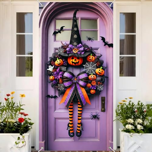 Halloween Door Cover Purple Pumpkin Bow 71 x 35 Inch