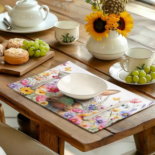 Easter Rabbit Placemats Set of 4 Spring Bunny Colorful Egg Wildflower Place Mat 12x18 Inch Seasonal Farmhouse Linen Fabric Table Mats for Kitchen Dining Outdoor Indoor Easter Party (4 Count)