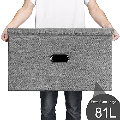 Large Linen Fabric Foldable Storage Bins with Removable Lid and Handles (2 Count)