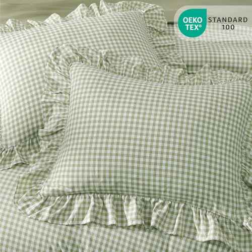 Full Size Comforter Set Green Gingham Ruffle 7 Pieces Bed in a Bag