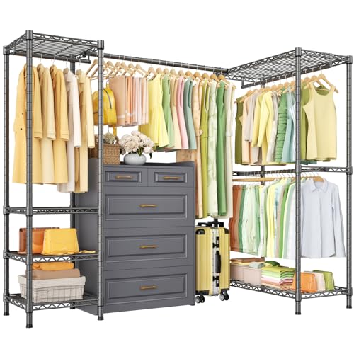 E10L L Shaped Clothes Rack for Corner（With Expandable Hanger Rod）Heavy Duty Freestanding Clothing Racks for Hanging Clothes