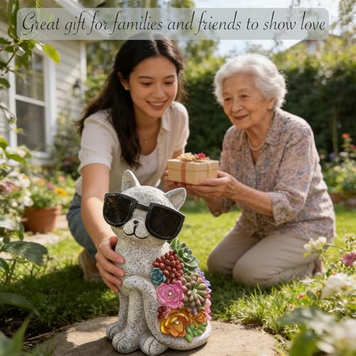Solar Cat Garden Decor Statues with Succulent LED Lights and Sunglasses