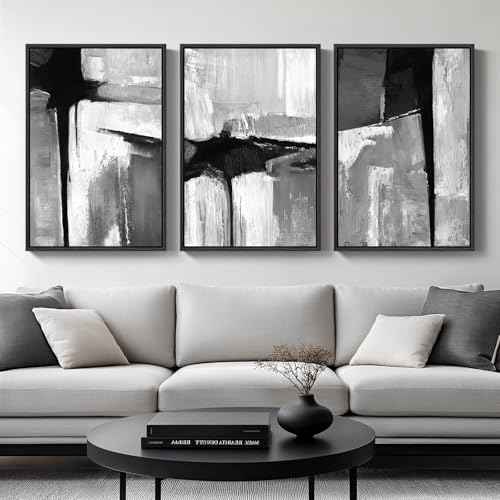 Large Framed Black and White Gray Abstract Wall Art Set (3 Count)