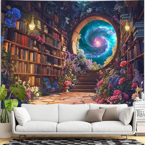 Floral Bookshelf Tapestry Fantasy Library Tapestries Wall Hanging Vintage Plant Flower Book Large Tapestry for Bedroom Living Room Dorm 80 x 60 inch