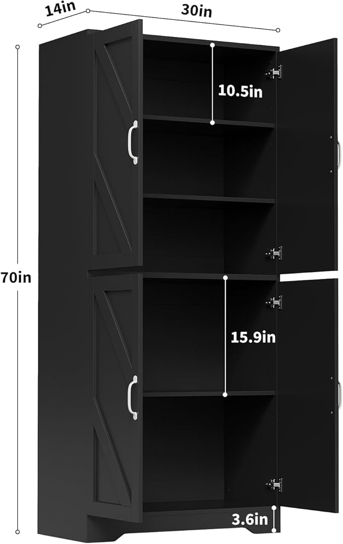 IDEALHOUSE 70" Kitchen Pantry Storage Cabinet, Farmhouse Kitchen Cabinet with 4 Doors & 3 Adjustable Shelves, Freestanding Cupboard for Dining Room,Living Room,Black