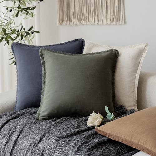 Decorative Linen Fringe Throw Pillow Covers 26×26 Dark Green (2 Count)