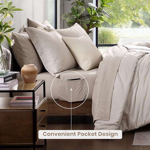 California King Comforter Set 7 Pieces Oatmeal Beige Bed in a Bag