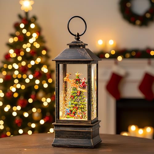 10'' Musical Snow Globe Lantern Lighted Christmas Tree and Flying Santa Water Lantern Swirling Glittering Home Decoration and Gift