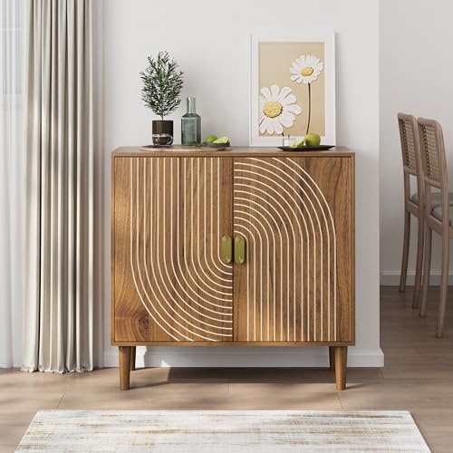 32" Modern Walnut Sideboard Cabinet with Line Groove Doors