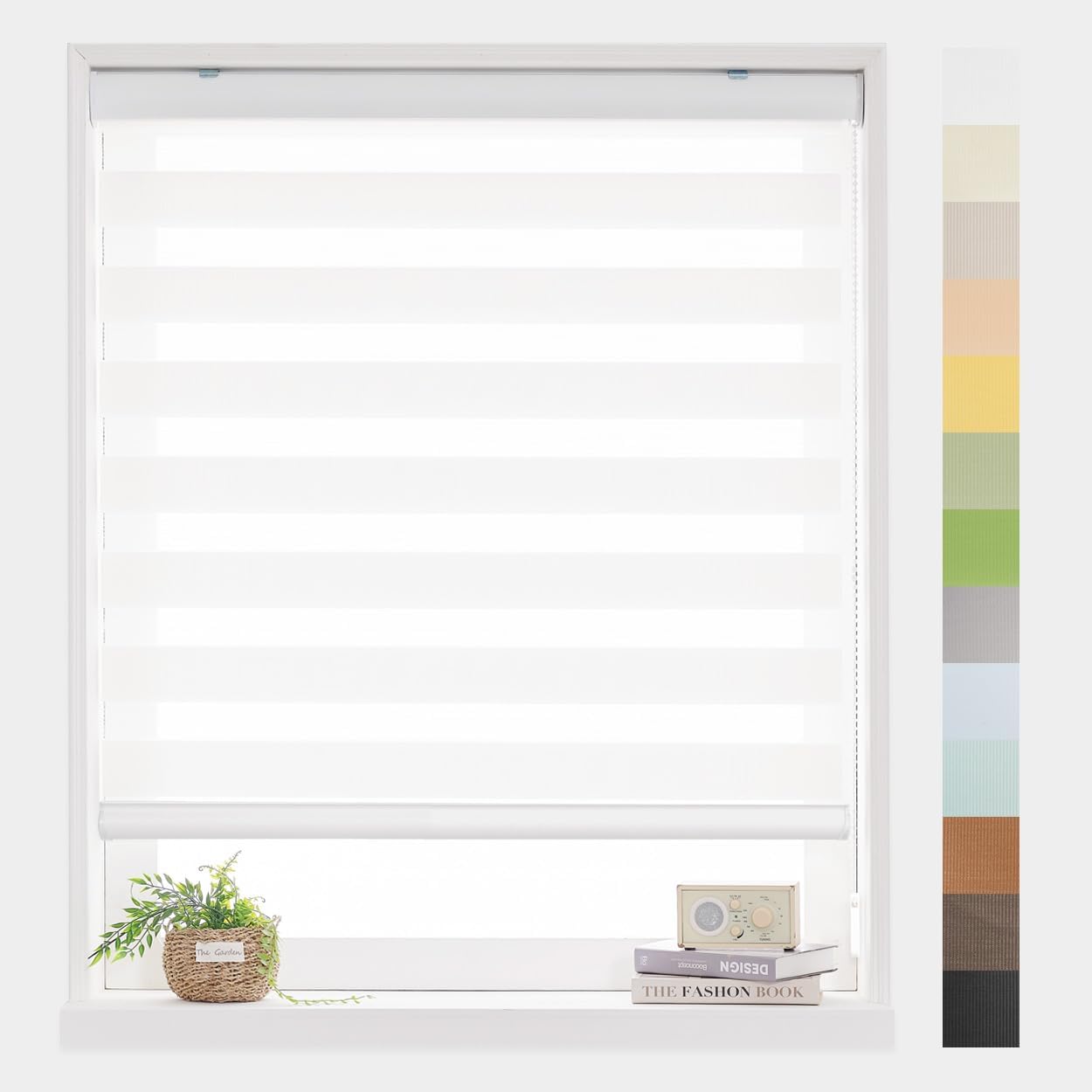 Foiresoft Standard Zebra Roller Blinds for Windows [W47 x H64 Inch, White, Basic], Light Filtering Dual Layer Shades for Bedroom, Living Room, Office, 13 Colors