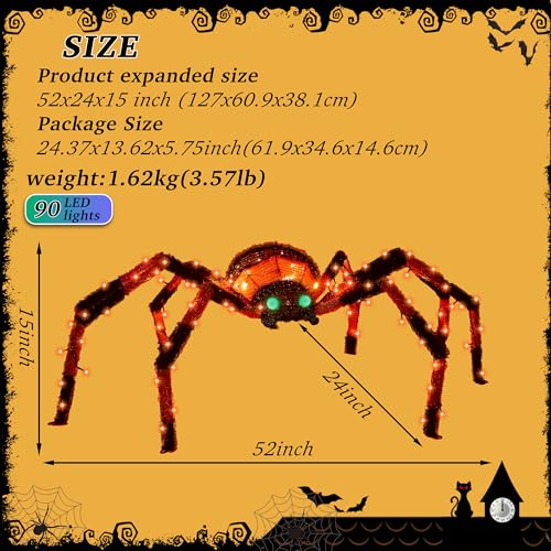 4.2Ft Giant Spider Halloween Decorations Outdoor 52" Light Up Spider with 90 LED Lights for Front Yard (Zz-003)