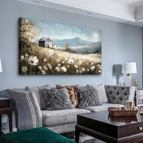 Canvas Wall Art For Living Room Large Wall Decor For Bedroom Field Scenery Watercolour Flowers Wall Paintings Office Decorations Old House Pictures Artwork Home Decor Ready To Hang 48L x 24W