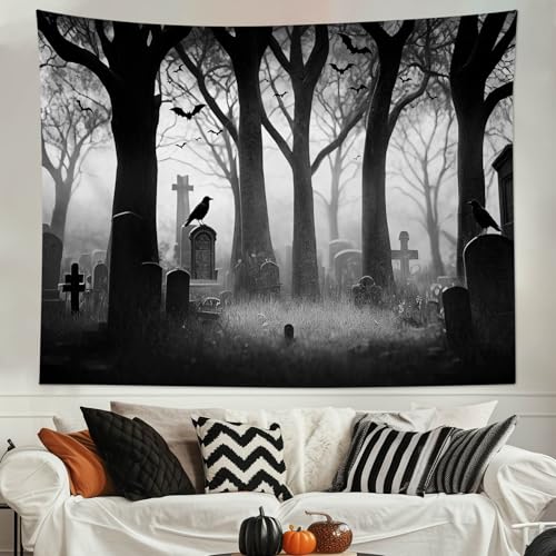 Spooky Halloween Cemetery Tapestry Scary Tombstone with Dead Trees Forest Tapestry Wall Hanging Horror Ghost Party Background Tapestry for Bedroom Living Room Dorm 59Wx51L Inches