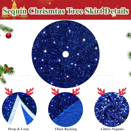 Blue Christmas Tree Skirt 46 Inches Sequin Xmas Tree Skirt Sparkly Tree Mat Round Velvet Tree Skirts Christmas Ornaments Halloween Tree Cover Skirt for Family Embroidery Metallic Tree Base Mat