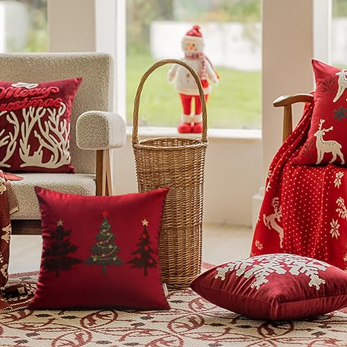 Christmas Tree Pillow Covers 18x18 Inch Red Embroidered Tree Throw Pillows for Holiday Decorations
