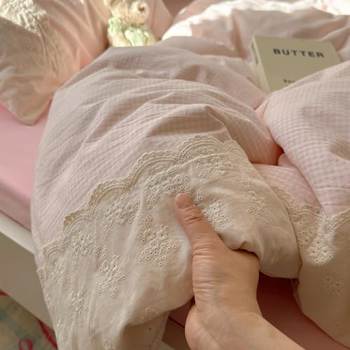 Pink Gingham Comforter Set Twin XL Fluffy Soft Princess Style Girls Lace Bedding Set Vintage Plaid Checkered Comforter with 2 Pillowcases Farmhouse Gingham Bedding Grid Bed Comforter Set