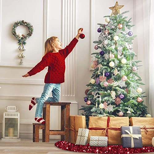 Sequins Christmas Tree Skirt 46 Inch Burgundy Xmas Tree Skirt Soft Fabric Christmas Tree Floor Mat Velvet Tree Skirt Christmas Tree Carpet for Indoor Home Party Decorations