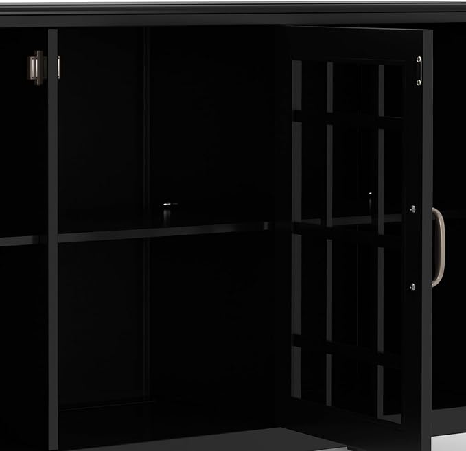 SIMPLIHOME Connaught Storage Cabinet - 60 inch Wide Solid Wood Buffet in Black, Traditional Sideboard for Dining Room, Entryway, or Living Room with Glass Doors, Adjustable Shelves, and Notched Legs