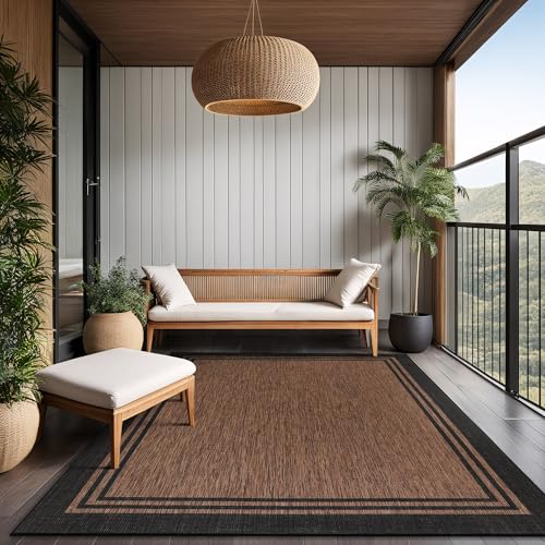 Bordered Outdoor Rug 8x10 Washable Outside Carpet for Indoor Patio Porch Waterproof Easy Cleaning Non Shedding Area Rugs Nut Brown 8 x 10