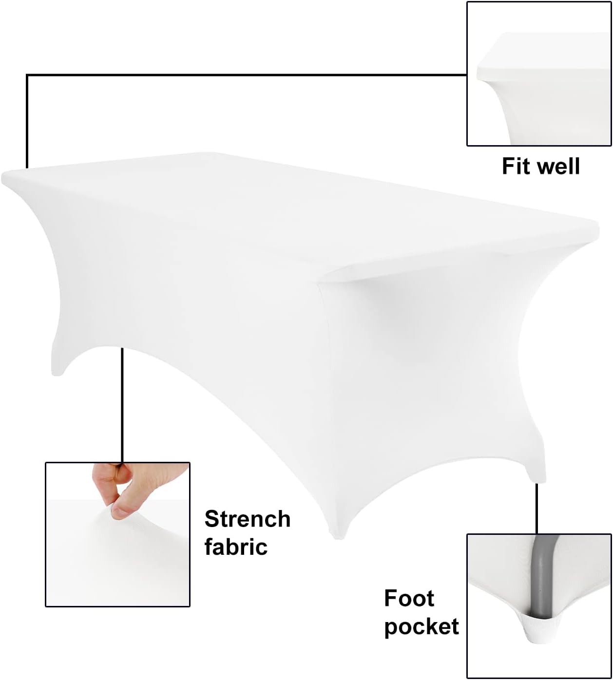 4Pack Spandex Waterproof Table Covers 8ft，Spandex 8ft Waterproof Table Cover for Party,Wedding, Banquet, and Events(White)