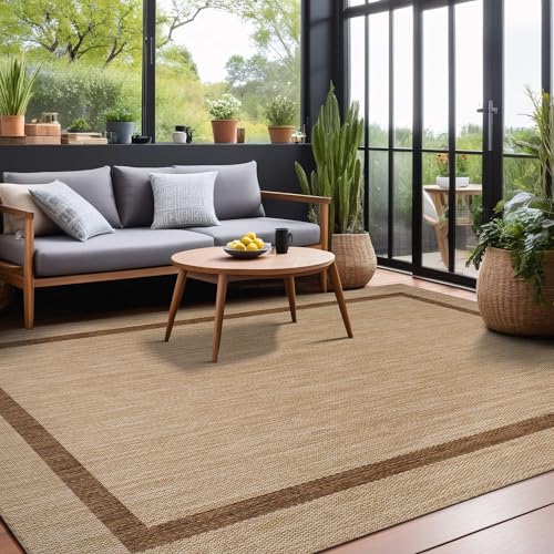 Bordered Outdoor Rug 9x12 Washable Outside Carpet for Indoor Patio Porch Waterproof Easy Cleaning Non Shedding Area Rugs Jute Beige