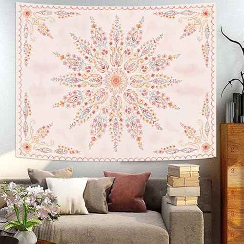 Boho Floral Mandala Tapestry for Bedroom Aesthetic Pink Bohemian Flower Wall Tapestry Watercolor Hippie Indian Small Tapestries Wall Hanging for Living Room Dorm Decor 40 x 30 Inch
