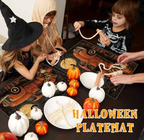 Halloween Placemats Set of 4 Vintage Truck Pumpkin Linen Table Mats 18x12 (4 Count)
