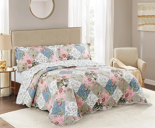 Peach & Olive Flowers Patchwork Quilt Set