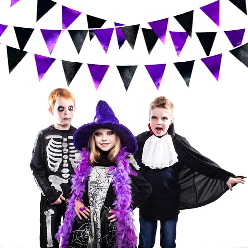 Purple and Black Party Decorations Metallic Fabric Triangle Pennant Banner Flag Bunting Garland for Graduations Birthday Retirement Wedding Baby Shower Bachelorette Halloween Outdoor Party Supplies (36 Count)