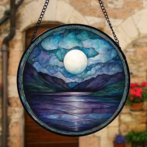 Blue Moon Lake Stained Glass Window Hanging Suncatcher Gift for Women 7.8"