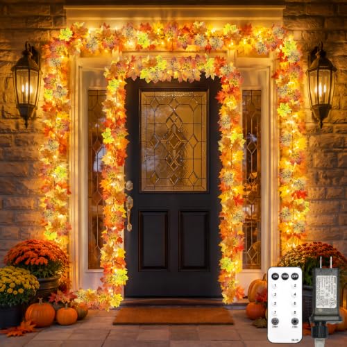 33FT Fall Garland with Lights Connectable Fall Leaves Garland Plugin