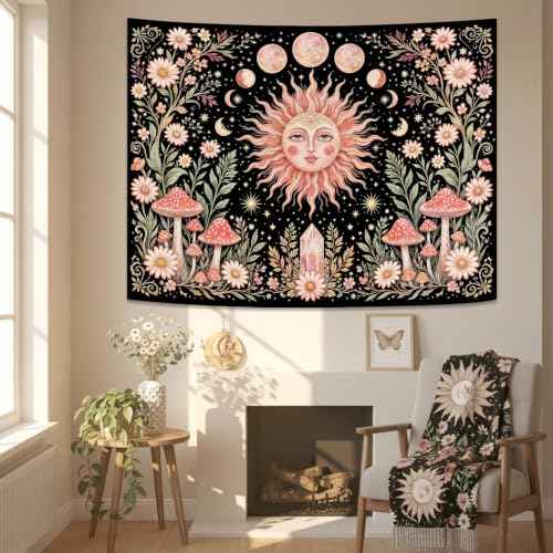 Boho Pink Sun Moon Phase Daisy Flower Mushroom Tapestry 48 x 36 Inch