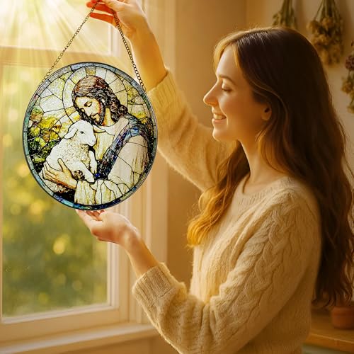8 Inches Jesus Holding Lamb Painted Stained Glass Suncatcher
