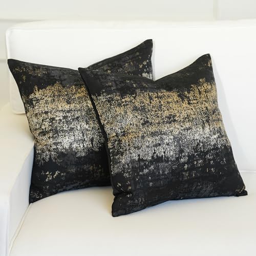 Black Champagne Metallic Jacquard Pillow Covers 20x20 Pack of 2 Velvet Back Modern Glam Sofa Decor (2 Count)