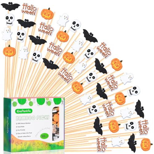 100Pcs Halloween Cocktail Picks Skull Ghost Pumpkin Bat Theme Decor
