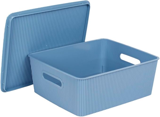 Glad Storage Baskets with Lids - Set of 4 Stackable Plastic Boxes with Handles - Decorative Shelf Organizer Bins for Bathroom and Closet, Blue, 3.1 Gallons