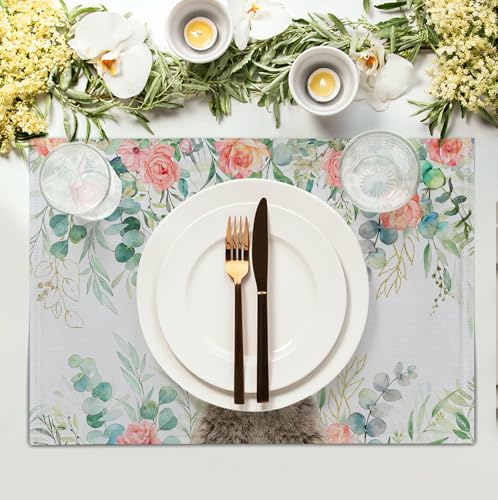 Easter Bunny Placemats Set of 4 Eucalyptus Leaves Rabbit Rose Place Mats 12x18 Inch Spring Seasonal Vintage Farmhouse Heat Resistant Washable Table Mats for Party Kitchen Dining (4 Count)