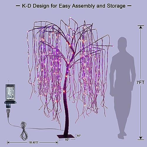7 FT Halloween Lighted Willow Tree 256 LED Orange and Purple Lights Artificial Weeping Willow Tree with 6 Spiders Outdoor Indoor Decoration Christmas Festival Party Home Decor (Orange and Purple)