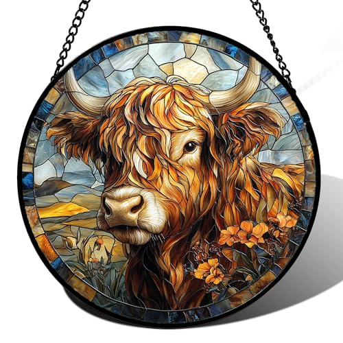 Scottish Highland Cow Stained Glass Window Hanging Suncatcher Gifts 15"